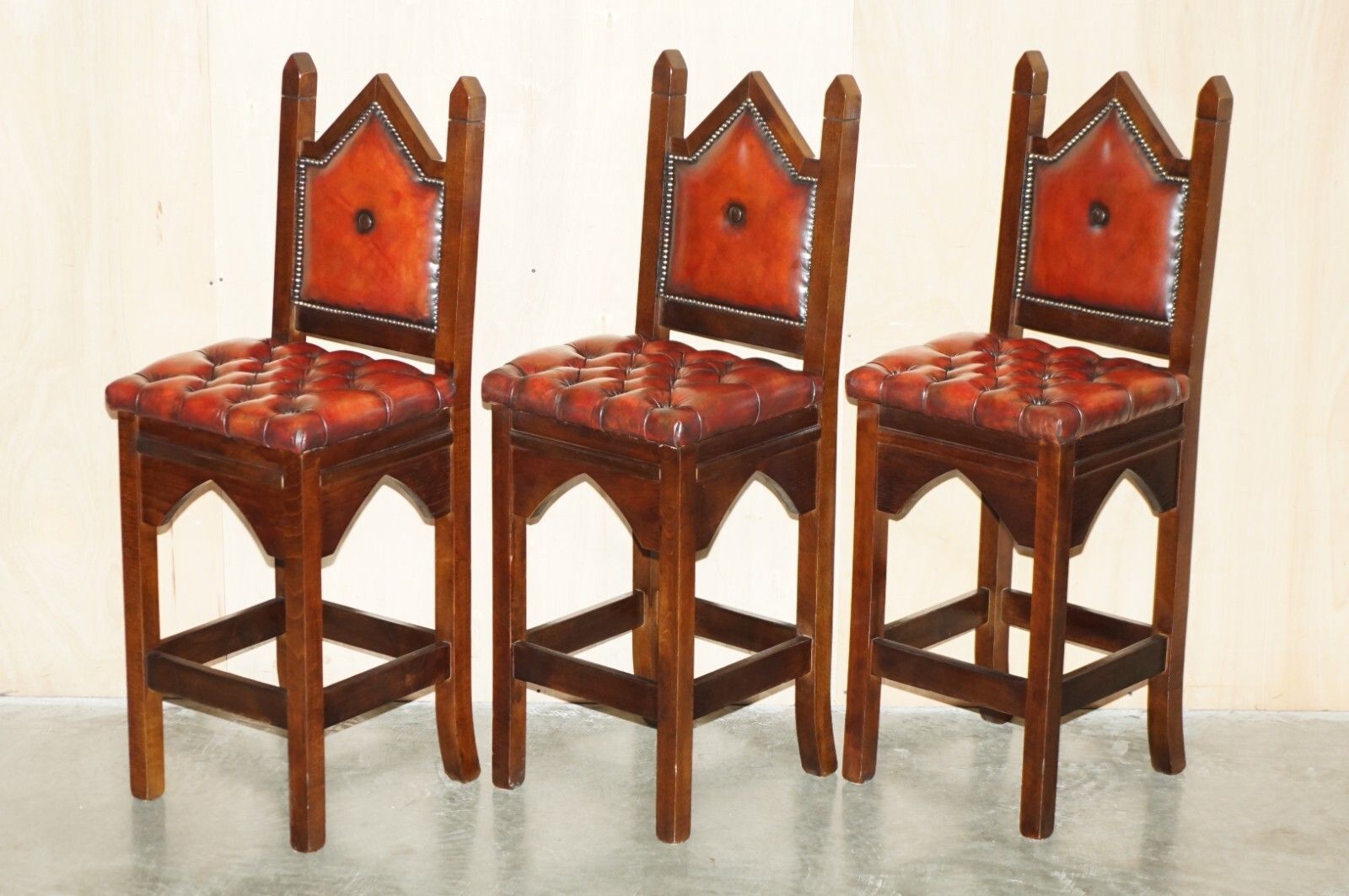 Three Restored Brown Leather Chesterfield Gothic Steeple Kitchen Bar Stools 3