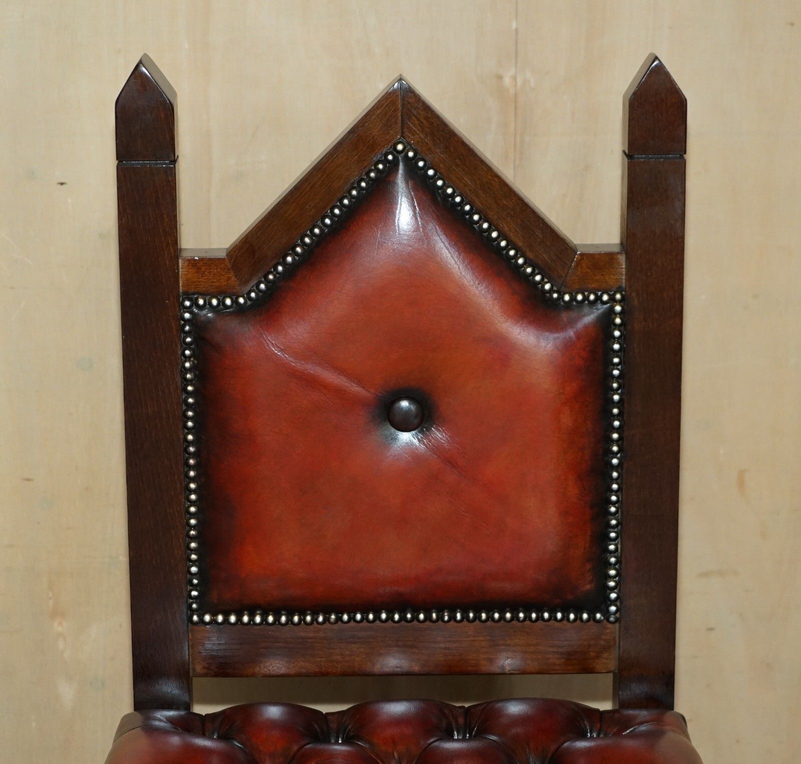 Three Restored Brown Leather Chesterfield Gothic Steeple Kitchen Bar Stools 3 photo 2950.0