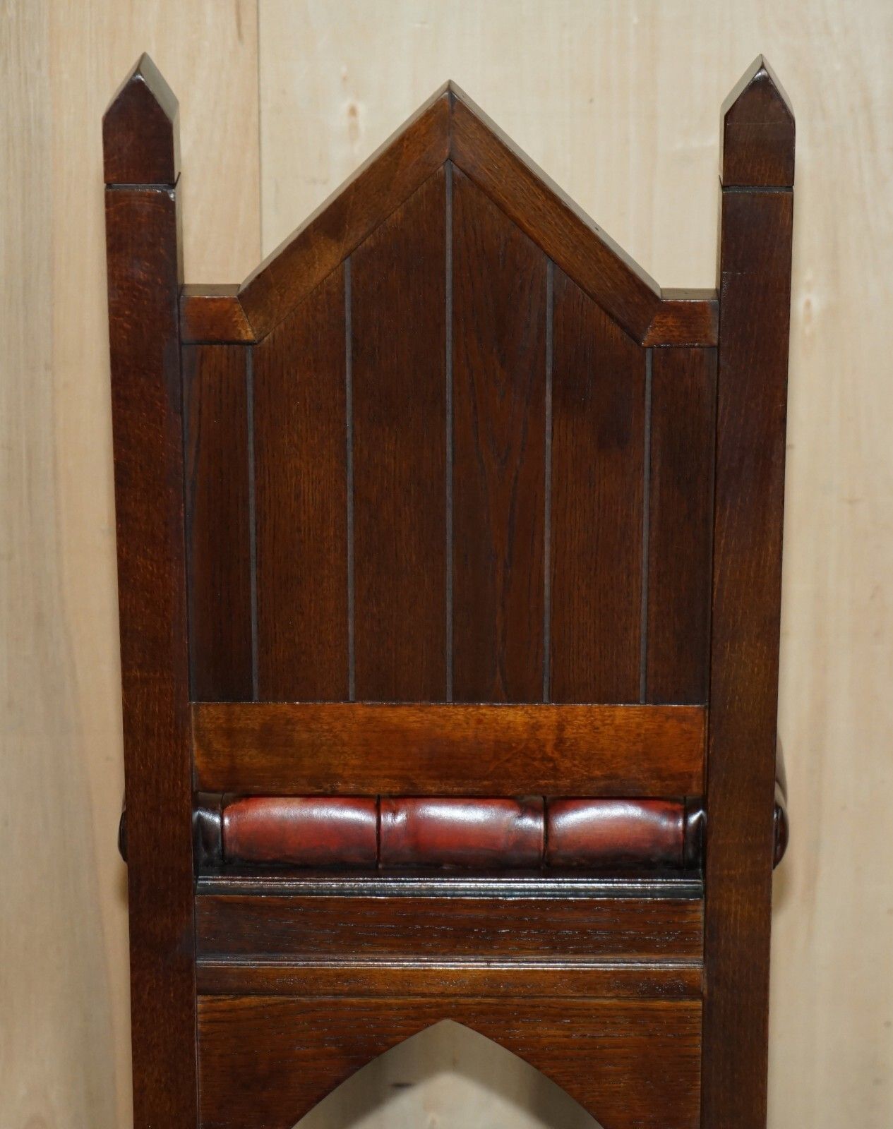 photo vinterior Three Restored Brown Leather Chesterfield Gothic Steeple Kitchen Bar Stools 3