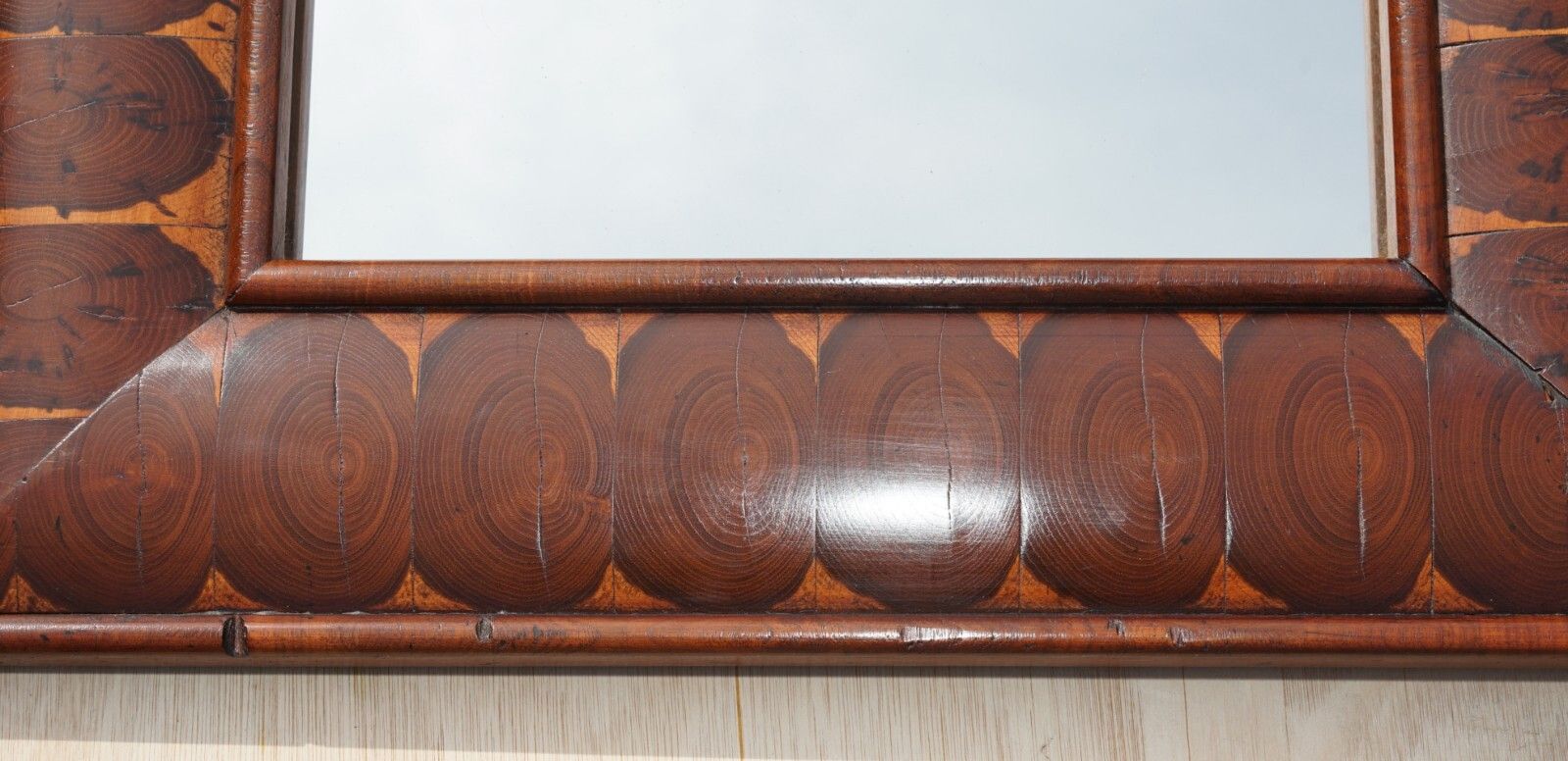 Exquisite Antique Oyster Laburnum Wood Cushion Framed Wall Mirror Sublime Patina photo Home Decor