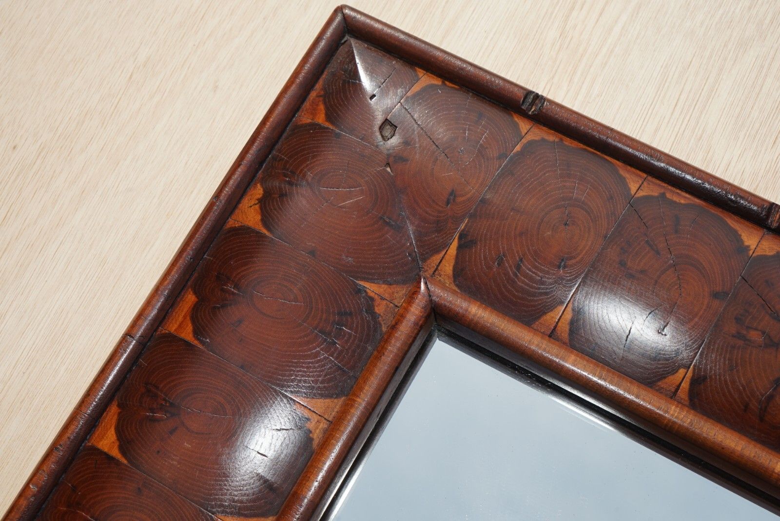 Exquisite Antique Oyster Laburnum Wood Cushion Framed Wall Mirror Sublime Patina photo 2950.0