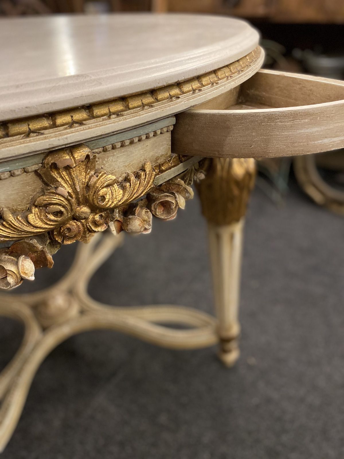 Circular 19th Century Card Table, In Carved Wood And Polychrome, With A Marble Top. photo furniture