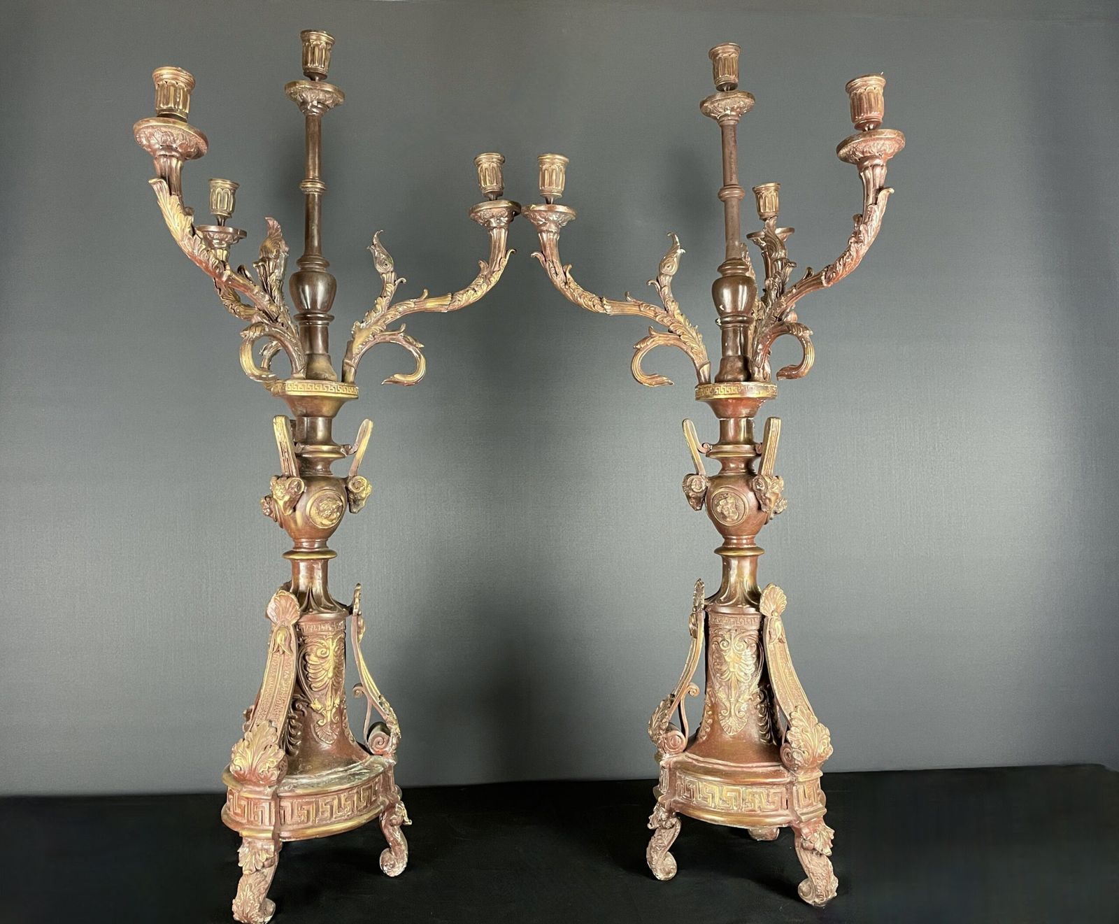 Elaborate Pair Of 19th Century Bronze Candelabra, With Amazing Patina.