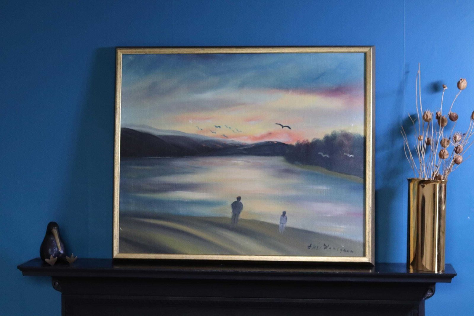 Swedish Original Oil On Canvas Painting "A Walk"  By Eric Wahlgren  Vintage & Framed photo furniture
