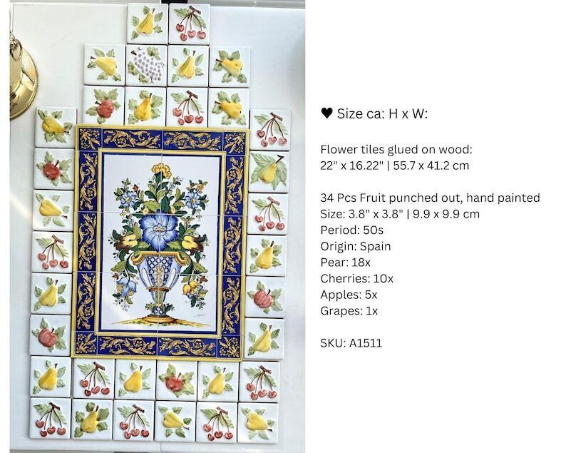 Majolica Handgeschilderde Keramische Tegels | Fruit  En Bloemdecor | Keukenachterwand | Jaren 1950