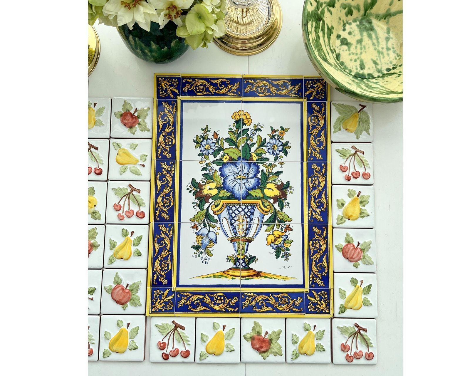 Majolica Handpainted Ceramic Tiles | Fruit Flower Decor | Kitchen Backsplash | 50s photo vinterior