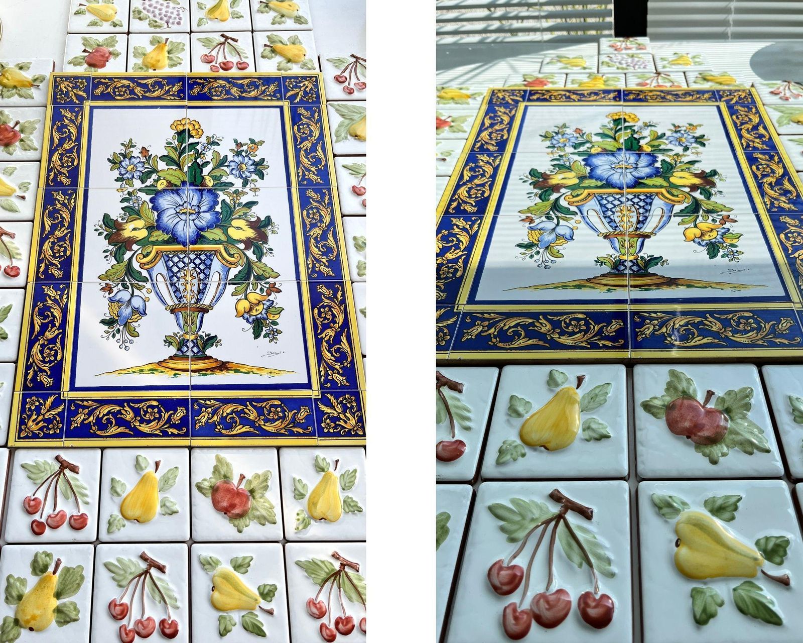 Majolica Handpainted Ceramic Tiles | Fruit Flower Decor | Kitchen Backsplash | 50s photo vintage