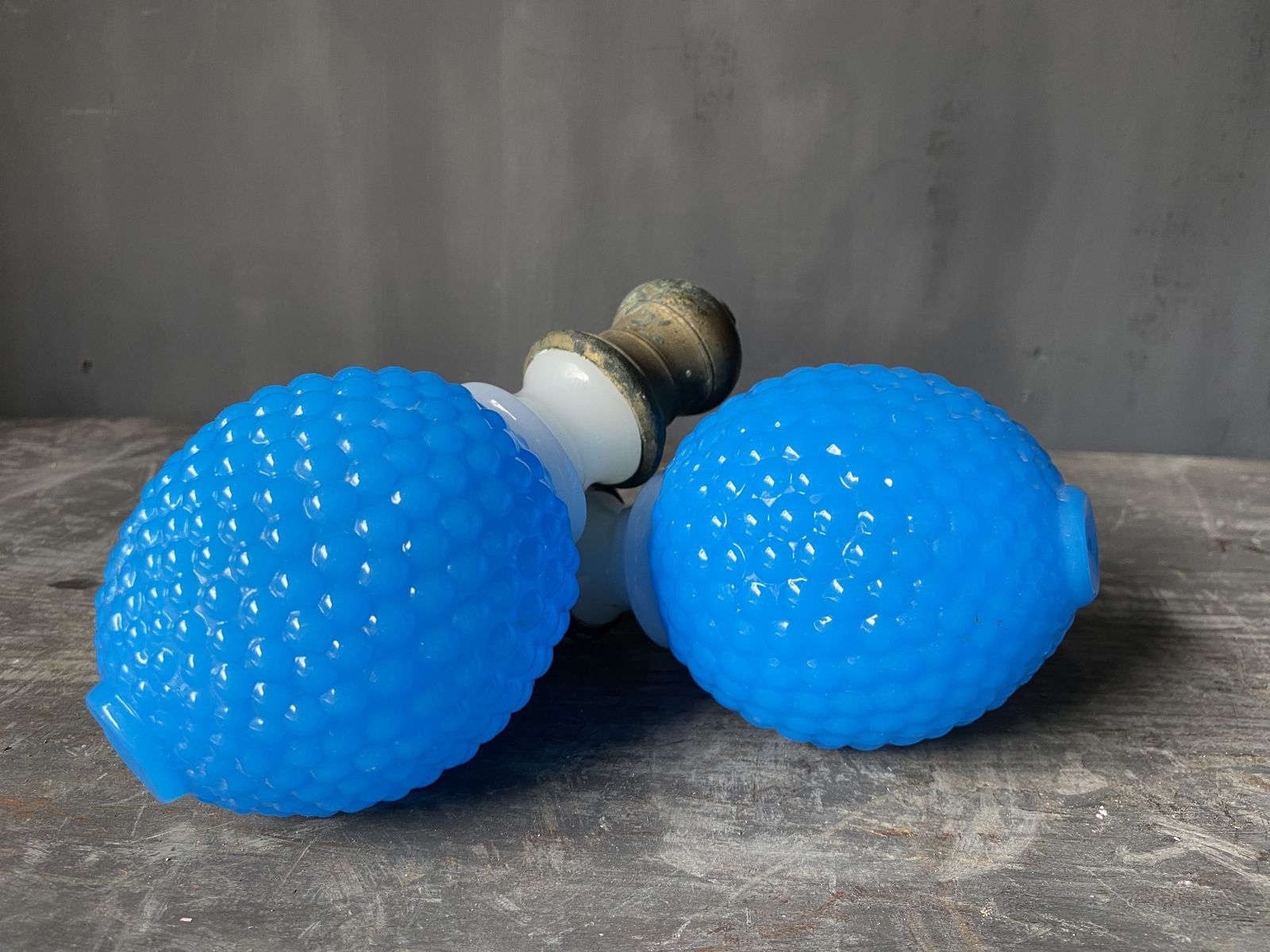 Pair Of Newel Posts In Turquoise Glass And Metal. (Circa 1880) photo for sale