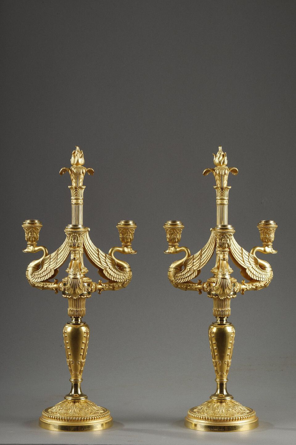 Pair Of Three Light Torches In Chased And Gilded Bronze, Signed Barbedienne photo 7894.0