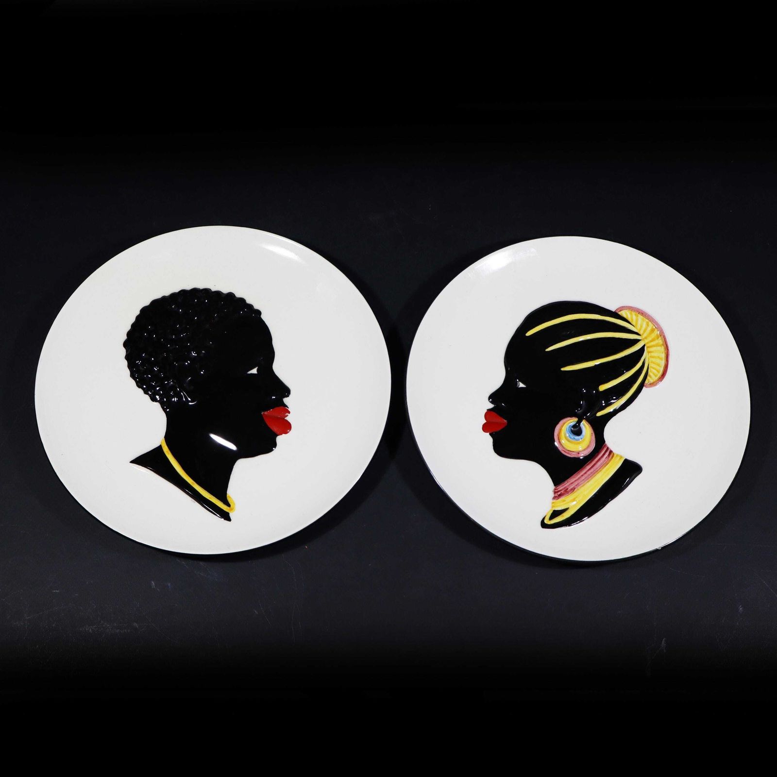 Set Of 2 African Woman And Man Portraits French Ceramic Wall Decor