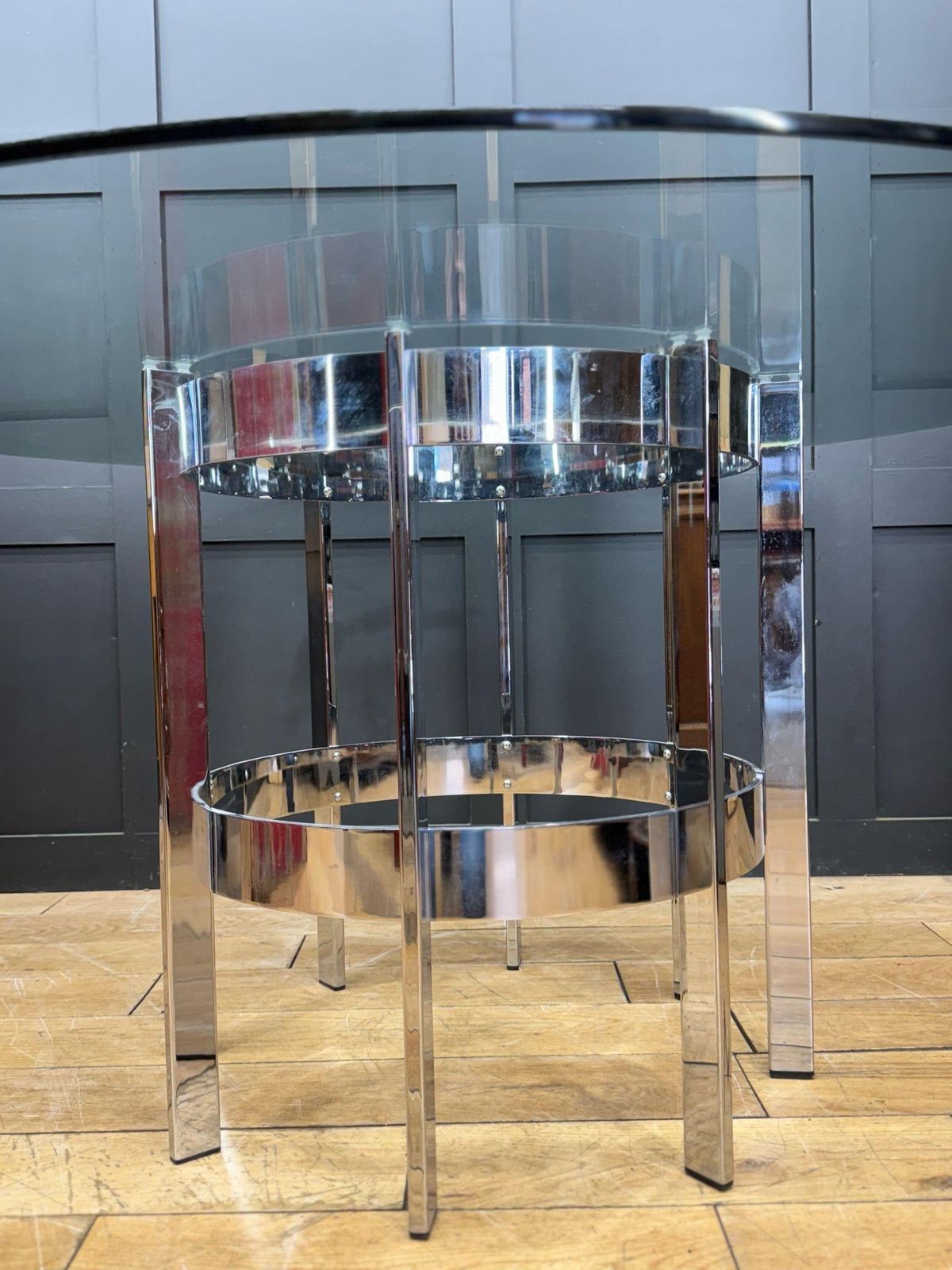 1970s Round Glass Top Chrome Dining Table By Richard Young Merrow Associates photo vinterior
