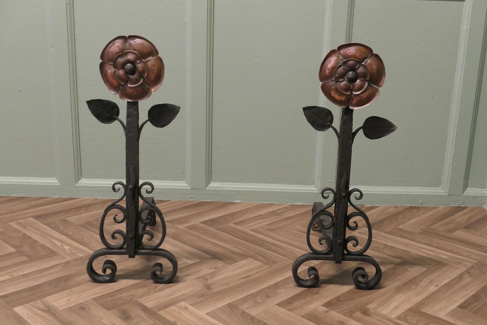 A Pair Of Large Arts And Crafts Copper And Iron Andirons Or Fire Dogs photo furniture