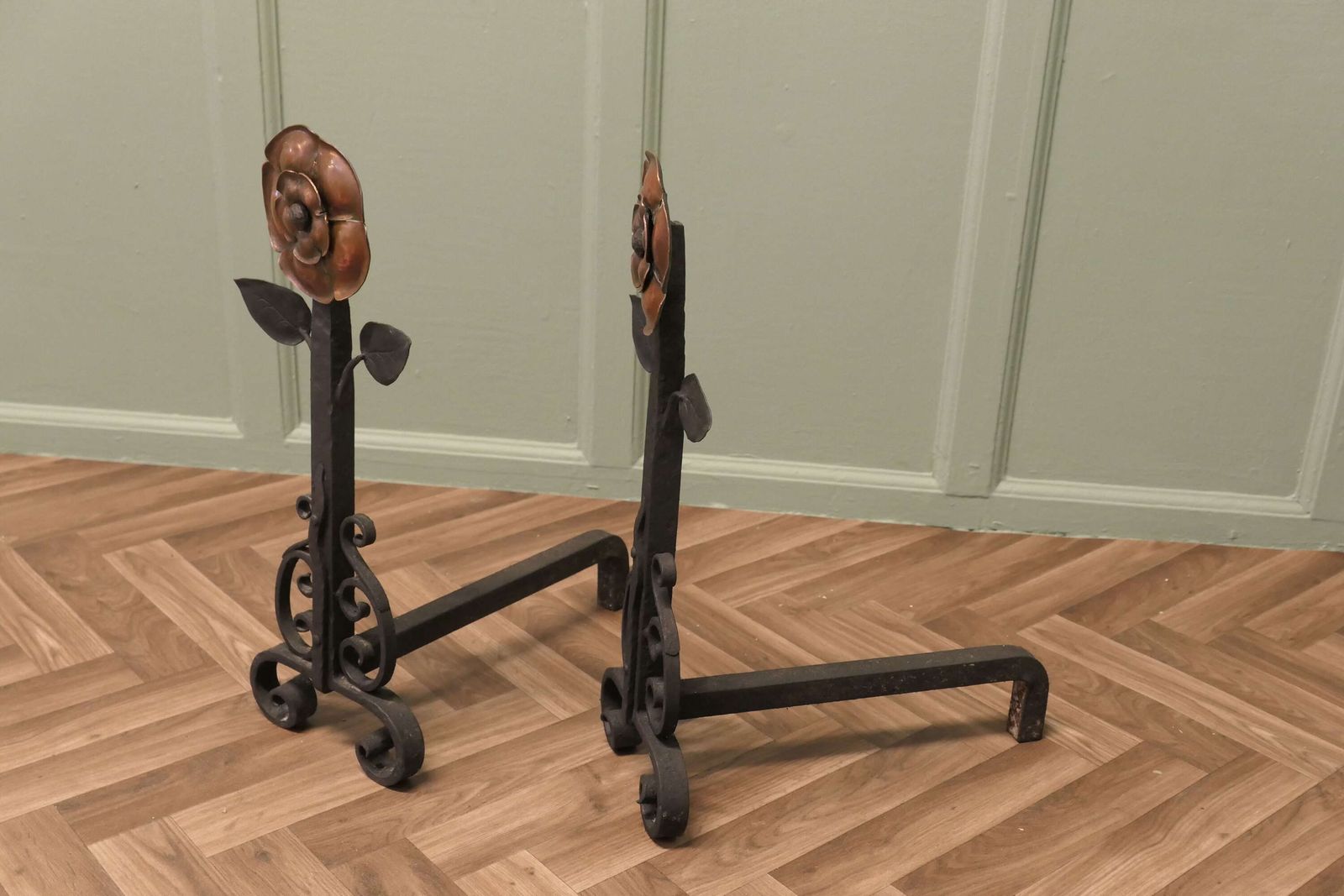 A Pair Of Large Arts And Crafts Copper And Iron Andirons Or Fire Dogs photo vinterior