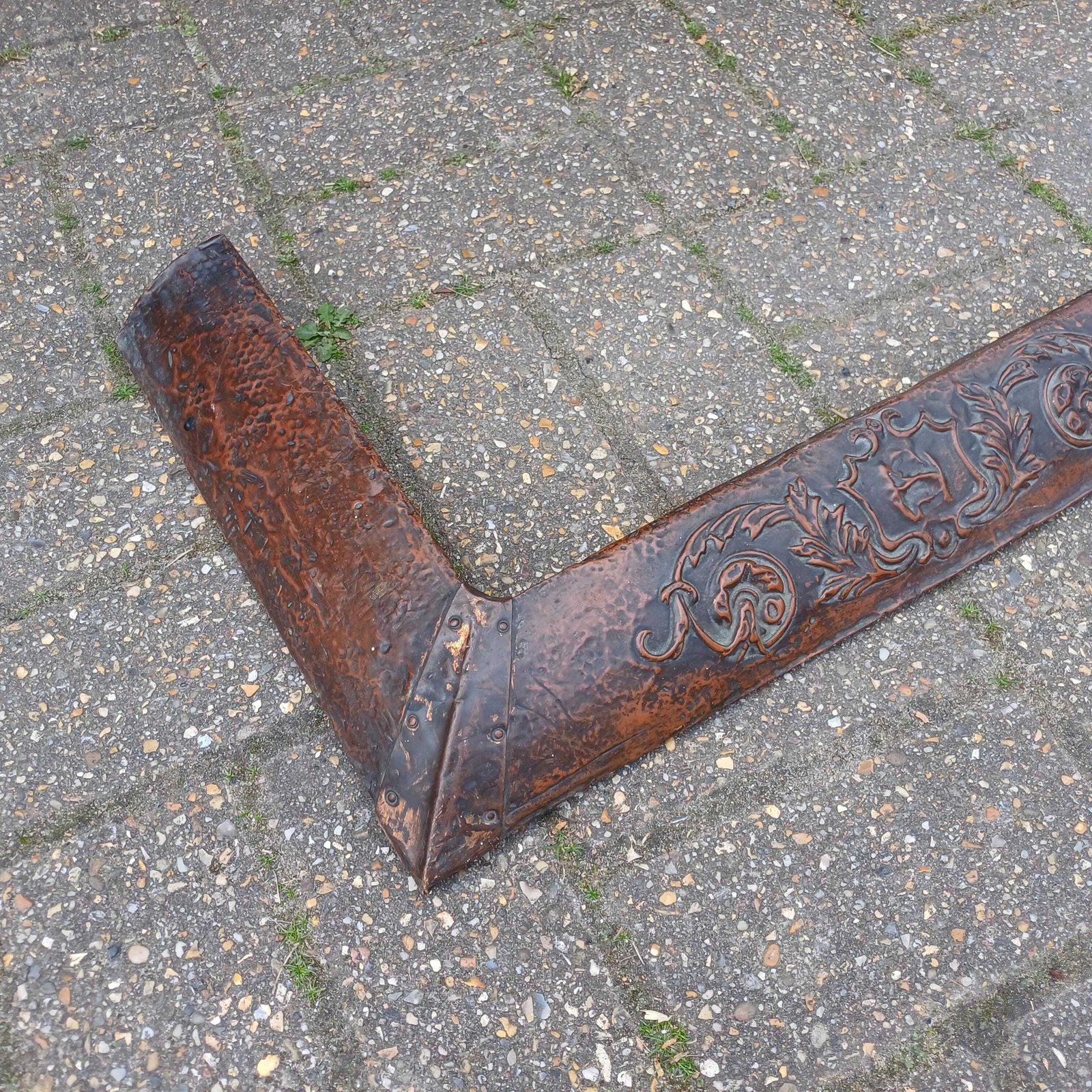 Antique Copper And Wood Fire Surround Panel Embossed Arts And Crafts Fender With Verdigris Patina photo for sale