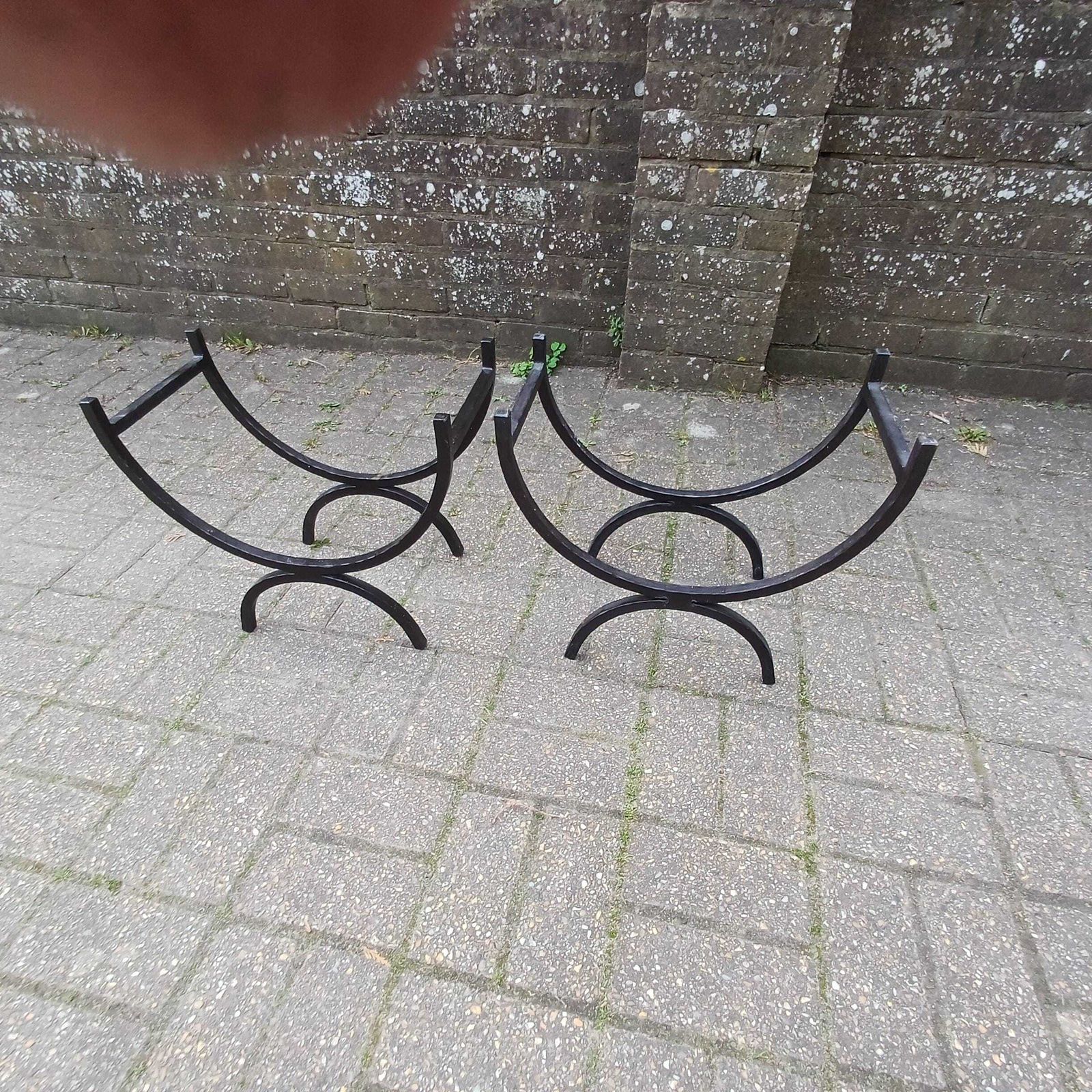 Pair Of Vintage Iron Log Holders 1980s 1990s Black Hand Forged Wrought Iron Fireplace Wood Storage Rustic Industrial Style
