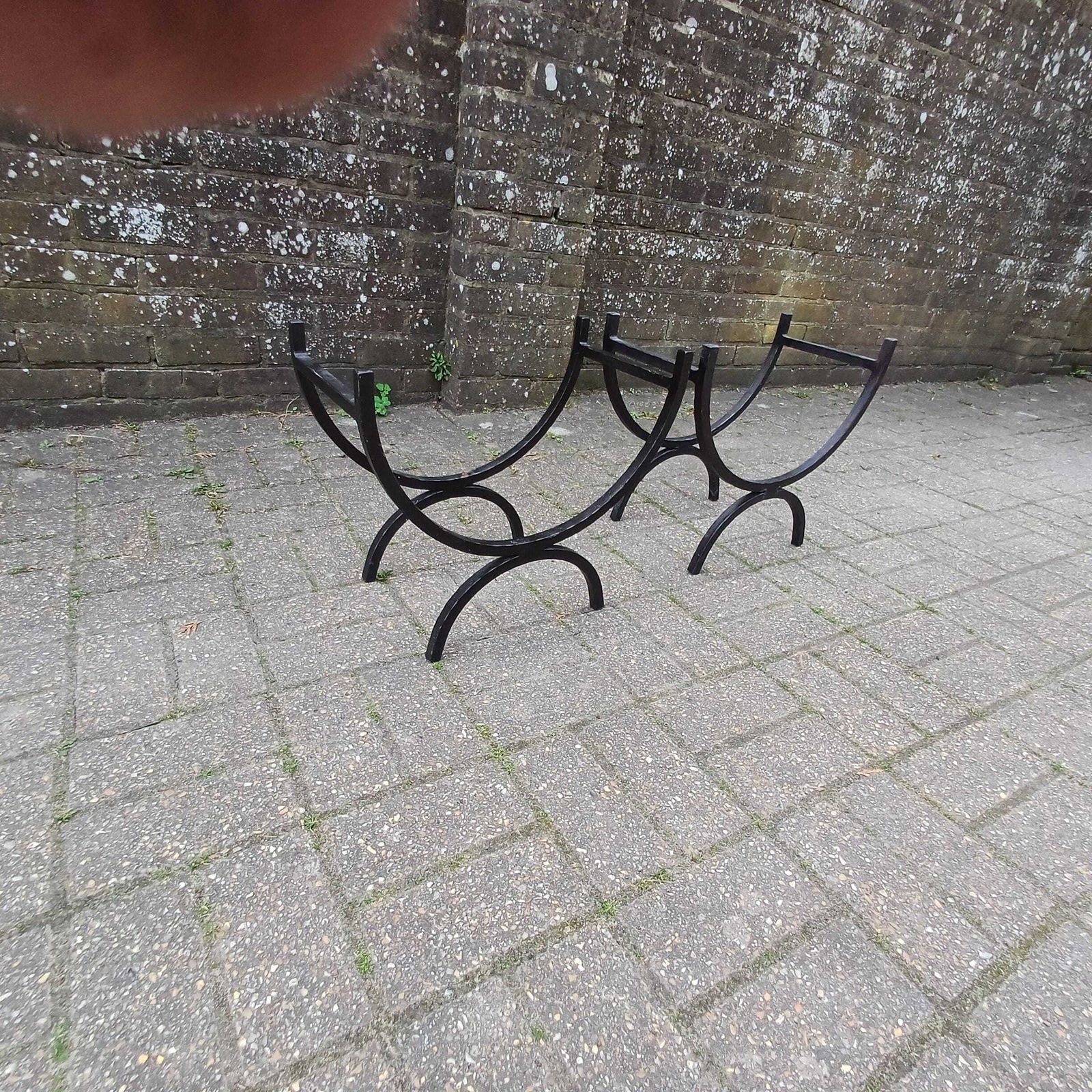 Pair Of Vintage Iron Log Holders 1980s 1990s Black Hand Forged Wrought Iron Fireplace Wood Storage Rustic Industrial Style photo buy