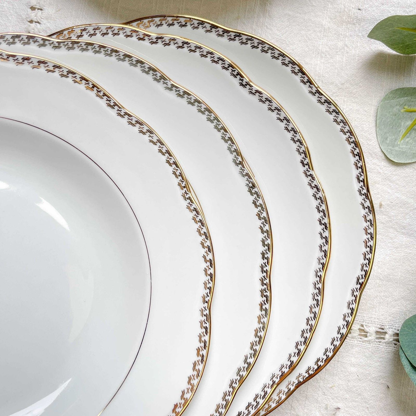 6 Vintage White And Gold French Porcelain Spf Soup Plates – Geometric Patterns – Elegant Antique Tableware photo for sale