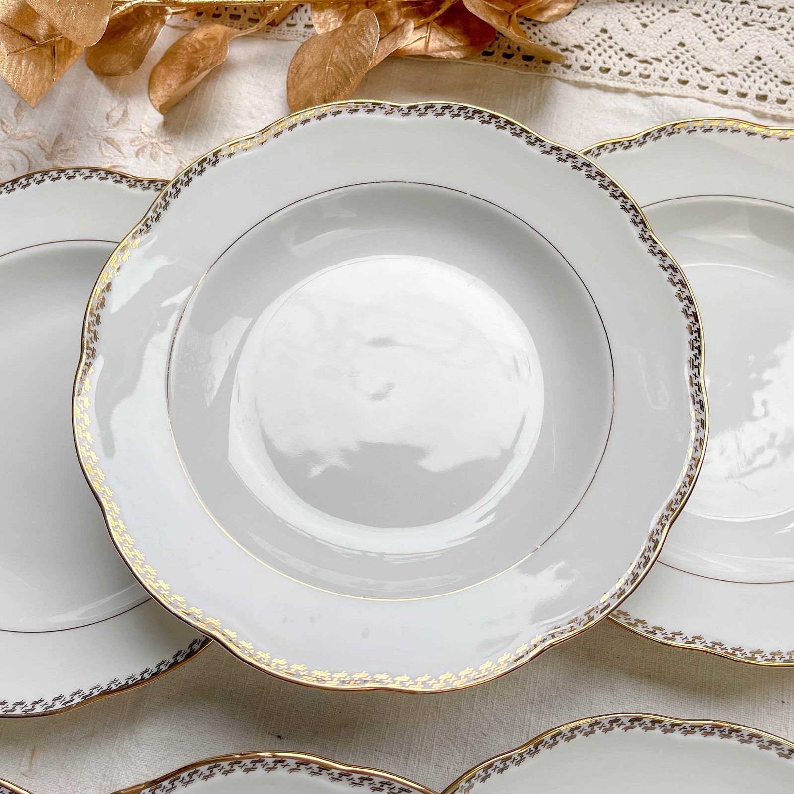 6 Vintage White And Gold French Porcelain Spf Soup Plates – Geometric Patterns – Elegant Antique Tableware photo Home Decor