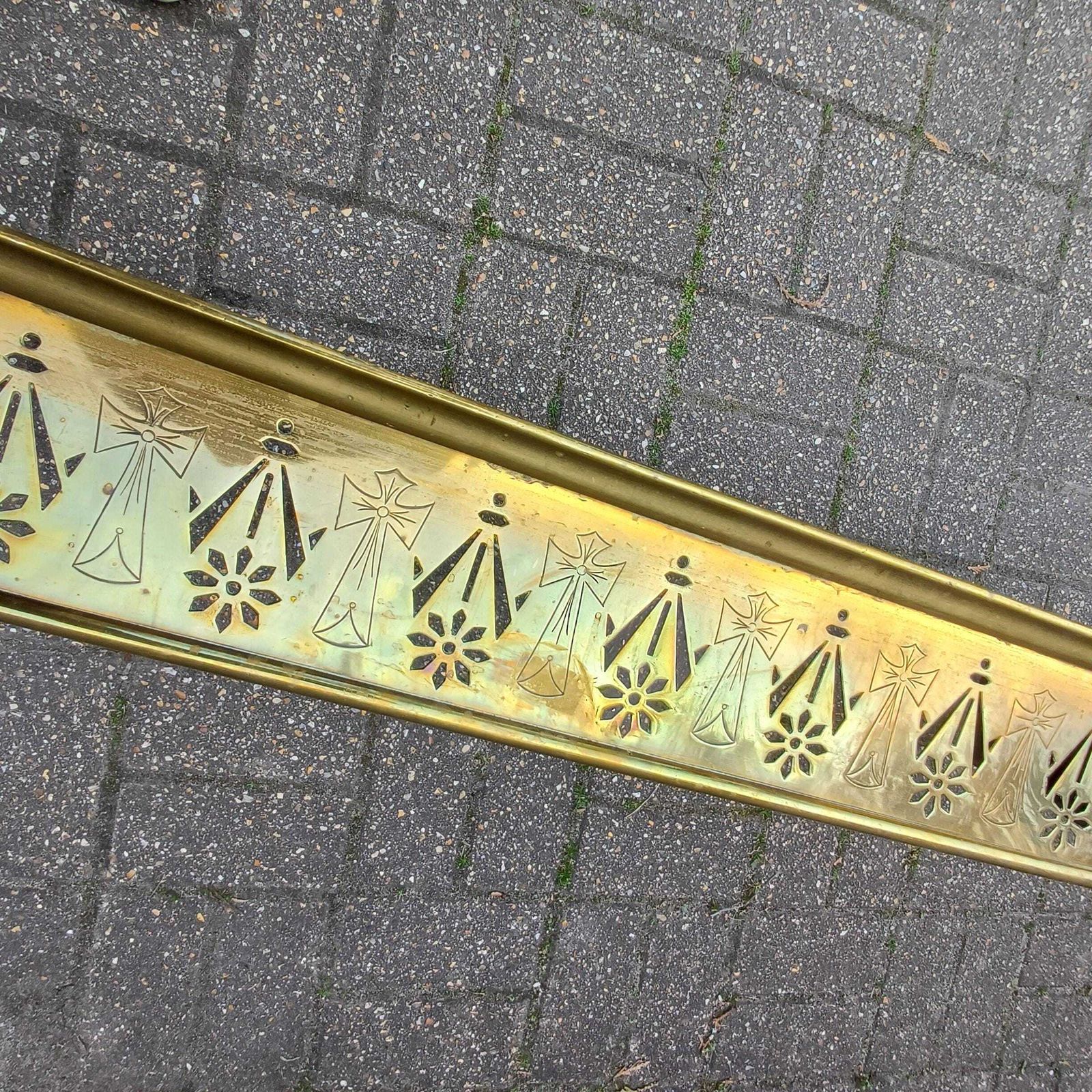 Antique Brass Fireplace Fender Victorian Gothic Art Nouveau Pierced Cross Star Motif Rolled Edge Patina Decorative Hearth Guard photo for sale