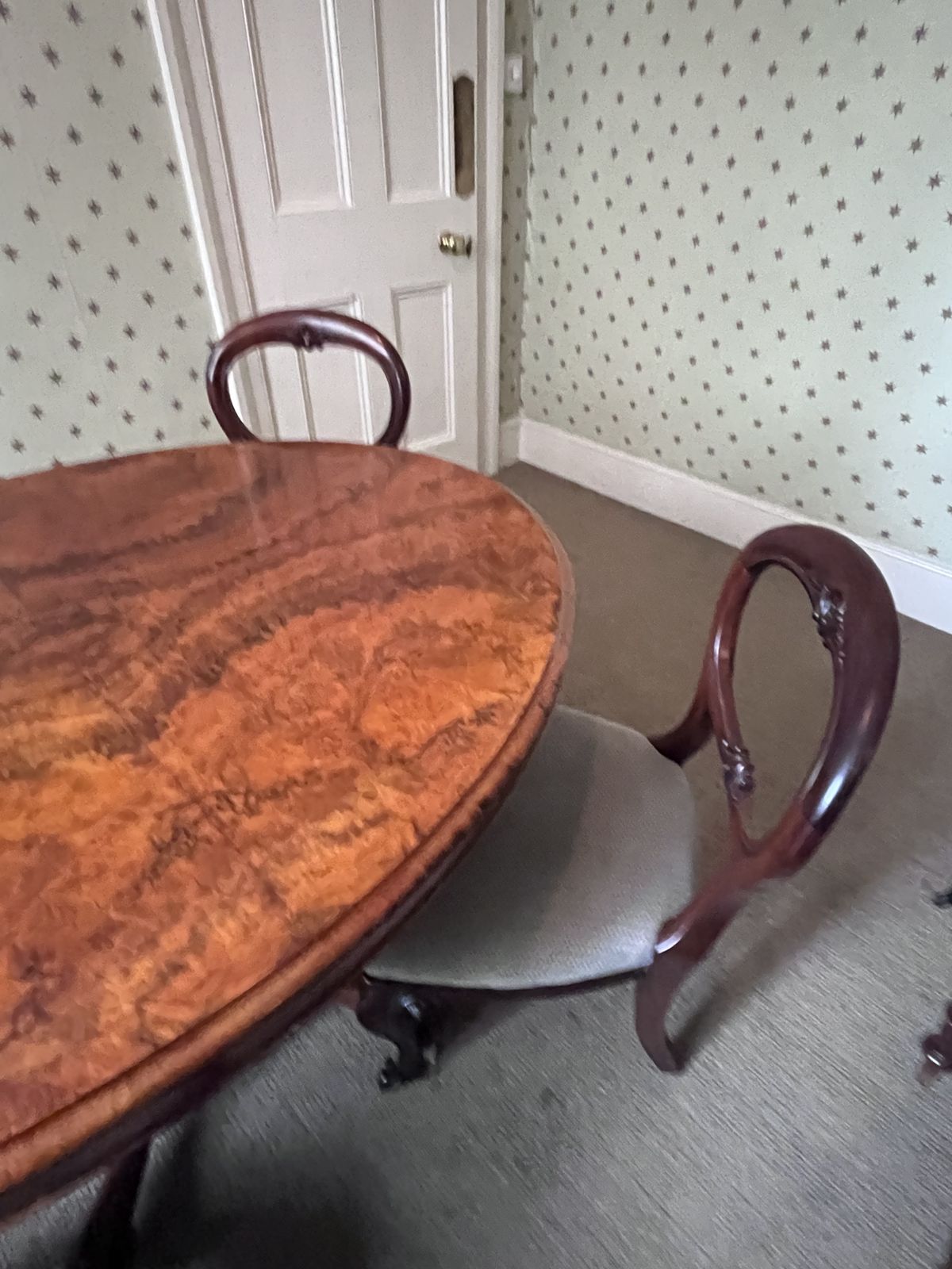 Beautiful Inlaid Walnut Dining Table With An Exquisite Carved Base. It Tips To Vertical To Display Its Splendour.