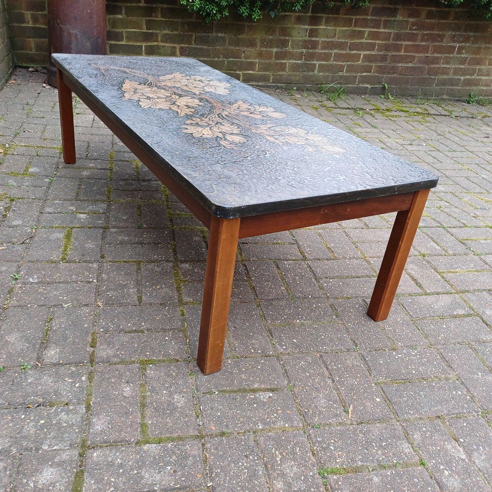 Huge Mid Century Retro Sculpted Coffee Table 1970s Floral Relief Top Brutalist Art Nouveau Style Gold Bronze Resin photo furniture