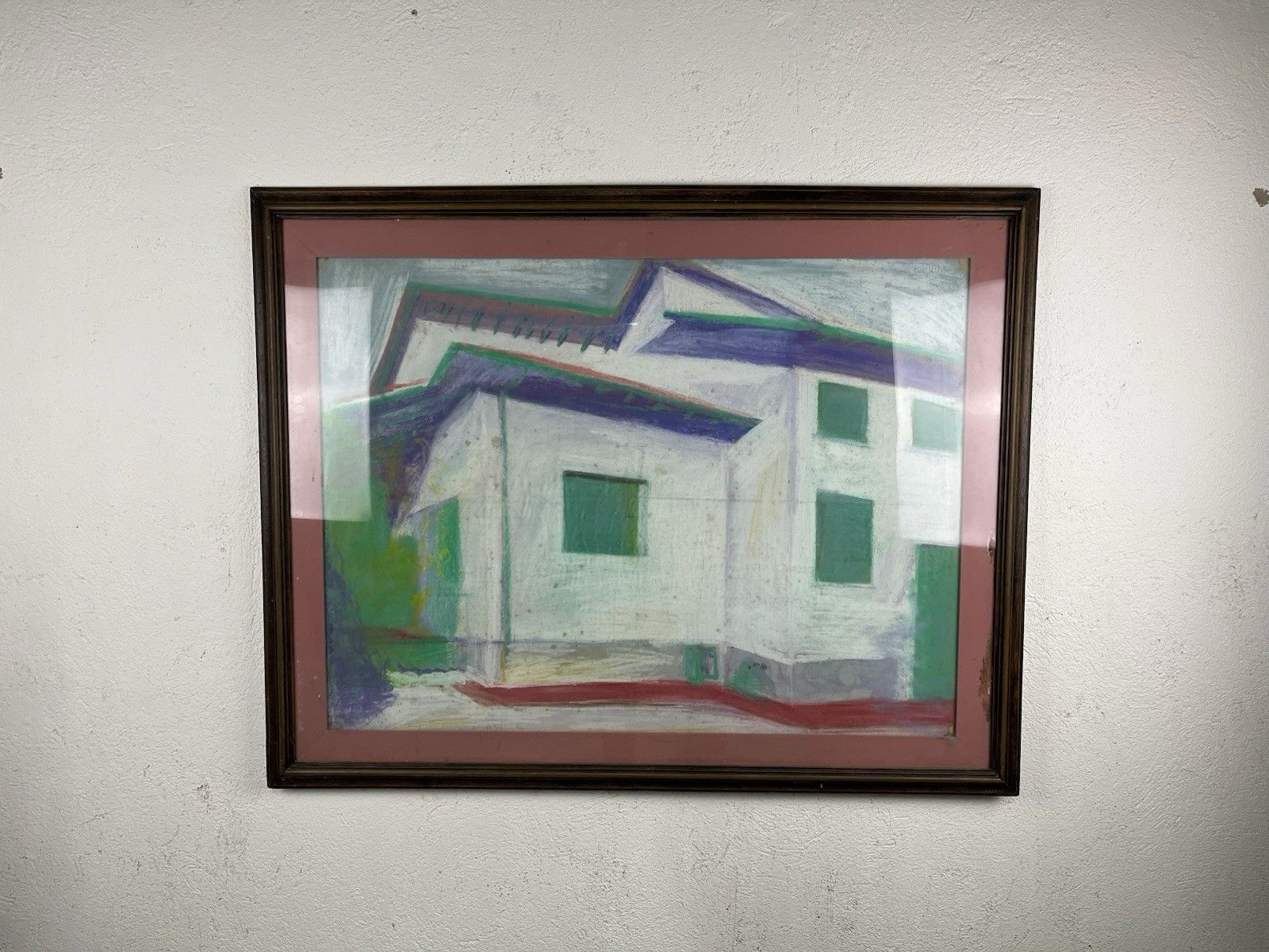 Pink Houses Picture Cubism Landscape 80’ Vintage Design