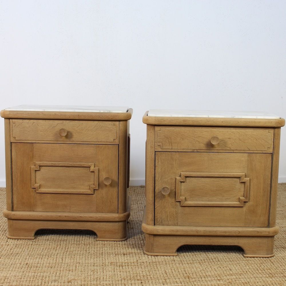 Pair Of Art Deco Oak Bedside Cabinets With Marble Tops