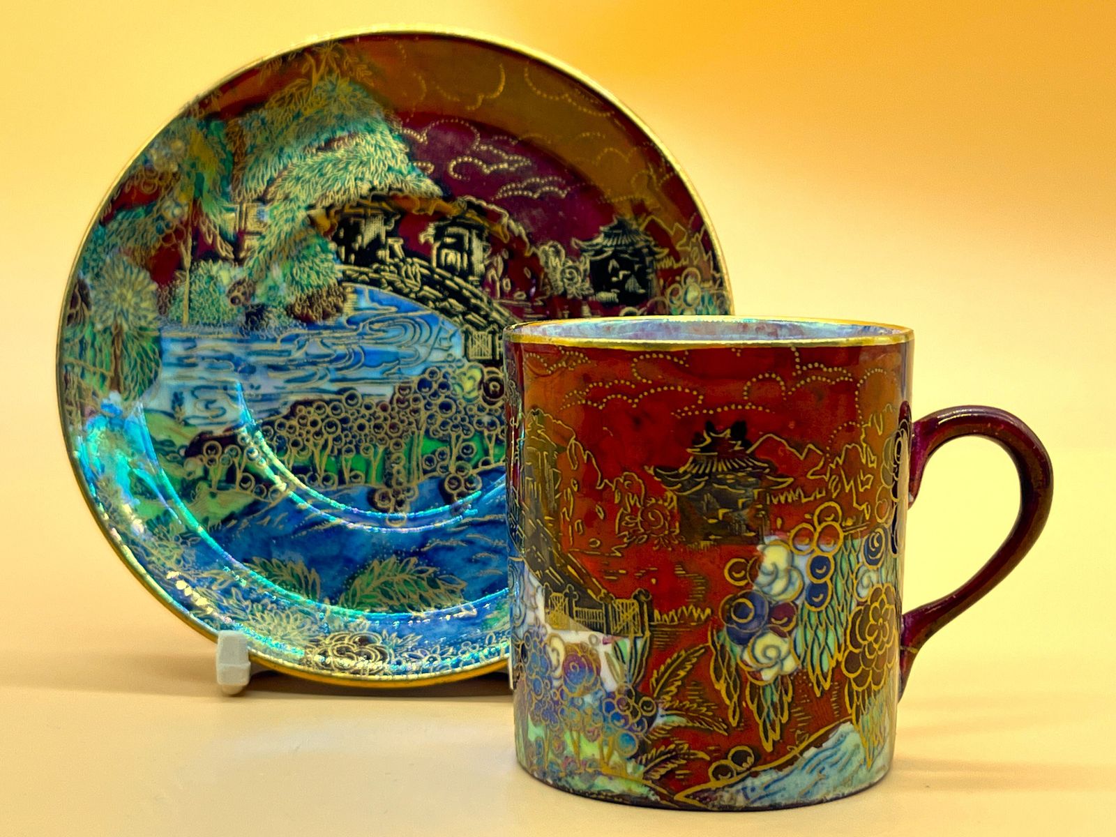Antique A G Harley Jones Wilton Ware Red Luster Design Demitasse Cup & Saucer Duo. 711820.