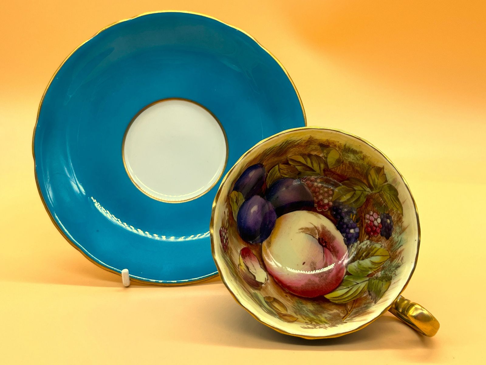 Aynsley China Orchard Gold Fruits Signed D Jones Oban Shape Turquoise And Gold Cabinet Tea Cup & Saucer Duo. 1034. photo 95.0