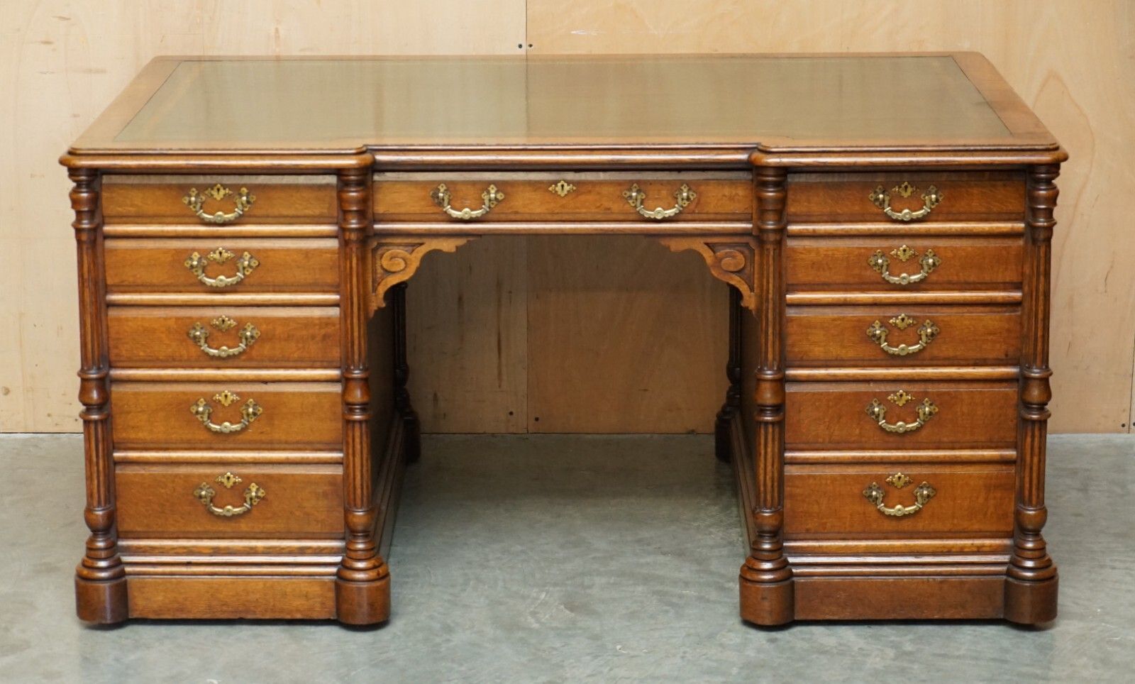 Antique Restored C Hindley & Son English Oak Green Leather Double Sided Desk photo for sale