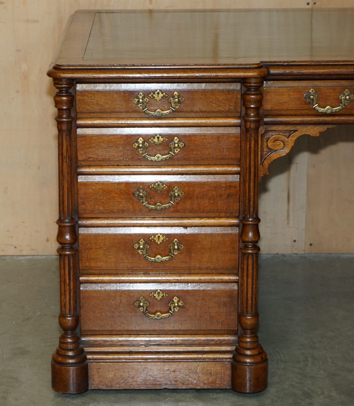 Antique Restored C Hindley & Son English Oak Green Leather Double Sided Desk photo Furniture