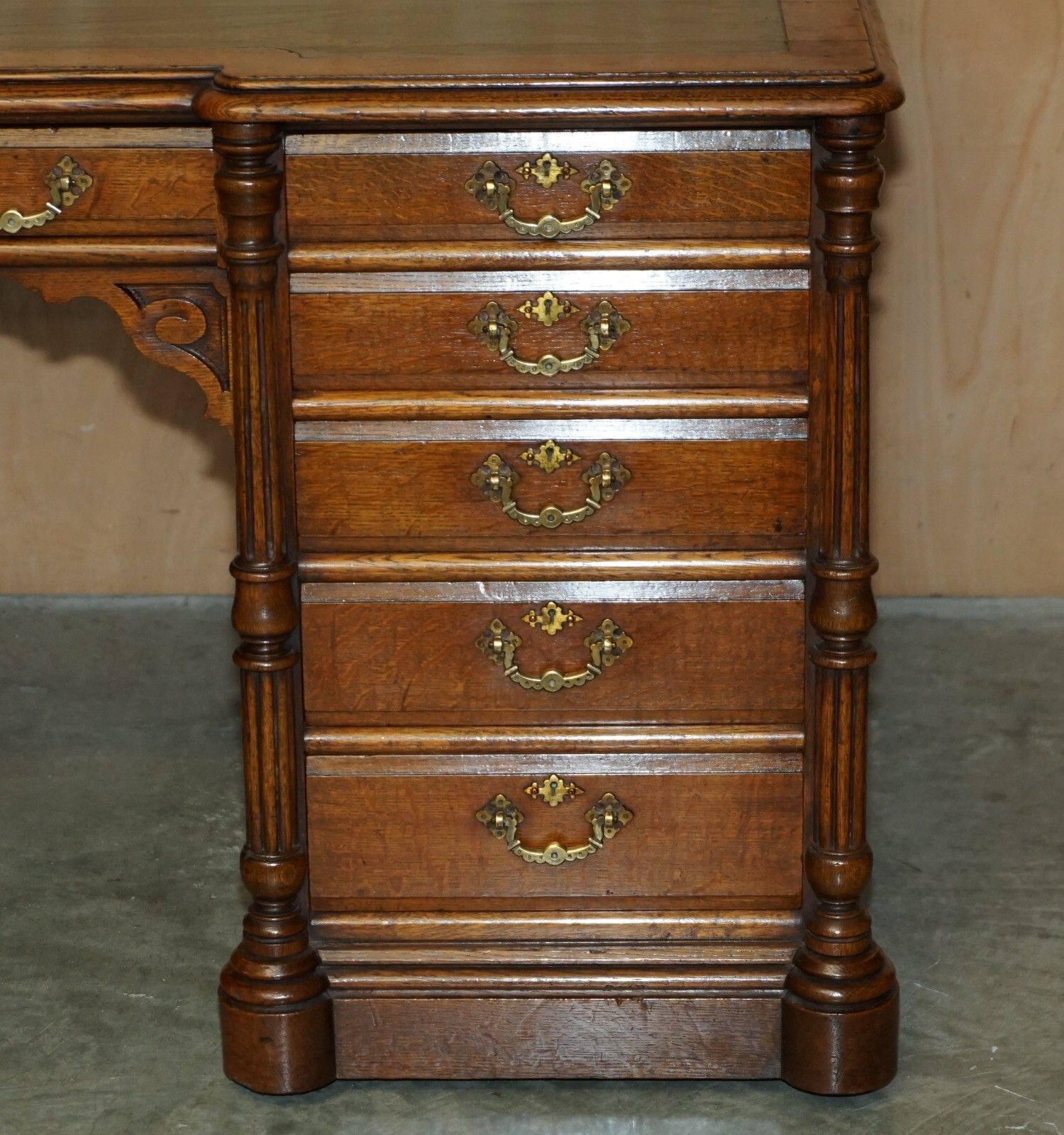 Furniture Antique Restored C Hindley & Son English Oak Green Leather Double Sided Desk photo