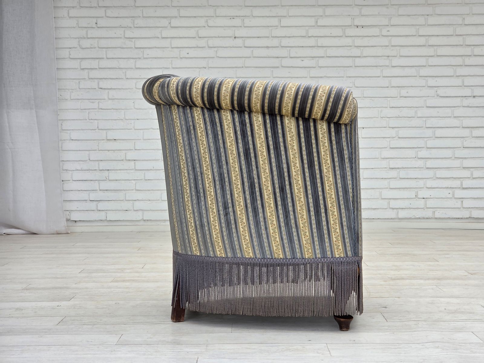 1960s, Danish Lounge Chair, Blue/Beige Furniture Velour, Beech Wood Legs. photo 920.0