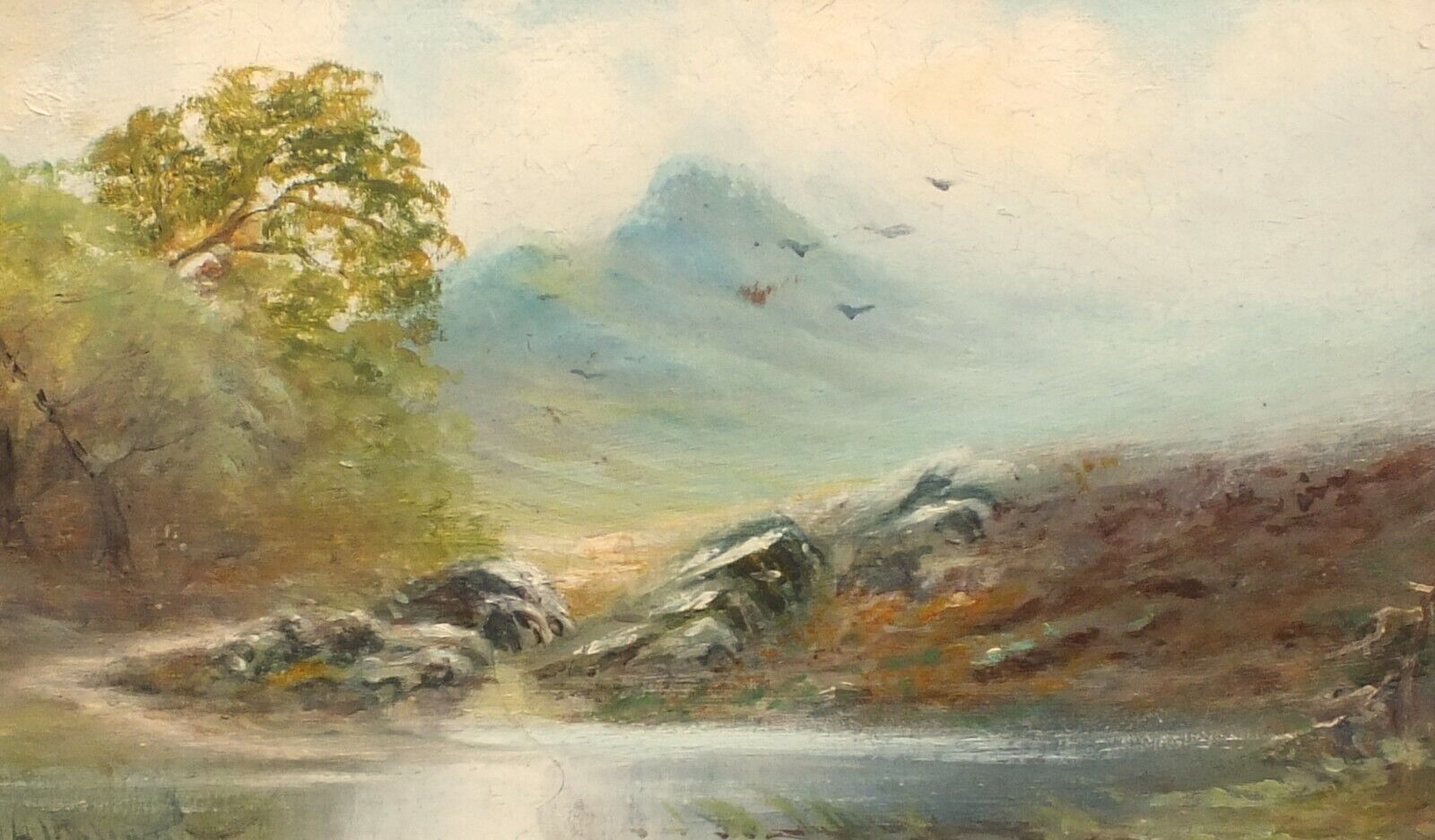 Scottish Highlands Mountain Landscape Antique Oil Painting Framed Mounted photo for sale