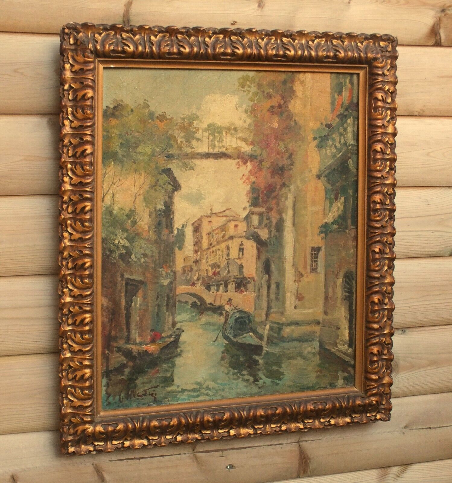 Venice Oil Painting Canal Gondolas Antique Framed Carlo Montesi Original Listed photo for sale