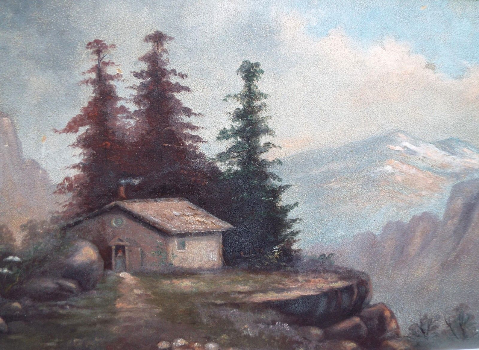 Antique Framed Landscape Original Oil Painting Switzerland Austria Alps photo vintage