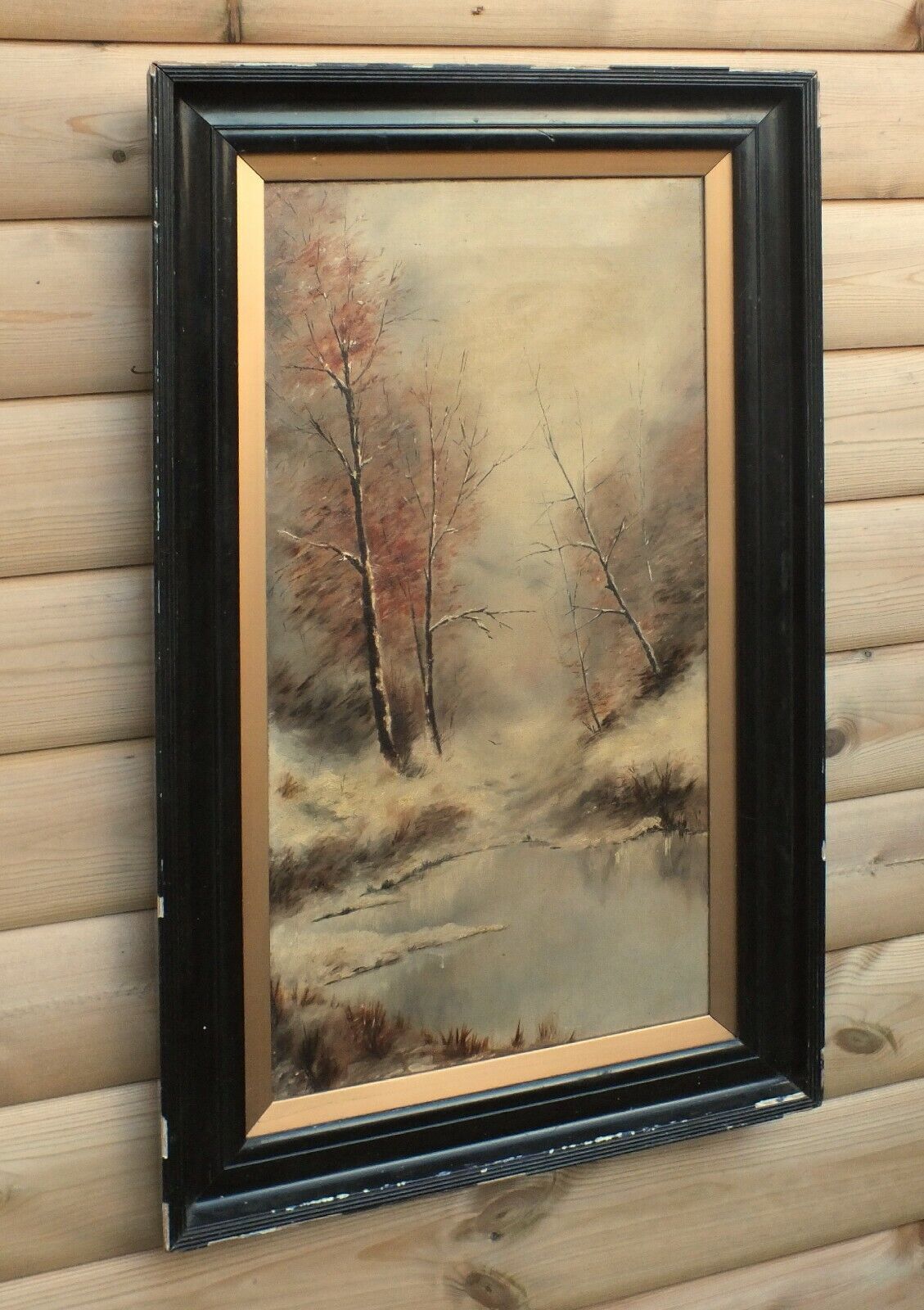 Large Antique Victorian Framed Oil Landscape Painting Ebonized Mahogany Frame photo Art