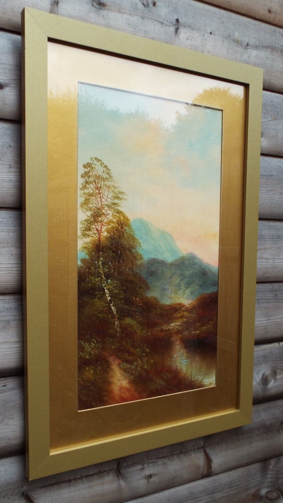 Large Antique Victorian Oil Painting  In New Gold Frame Mountain River Landscape photo for sale