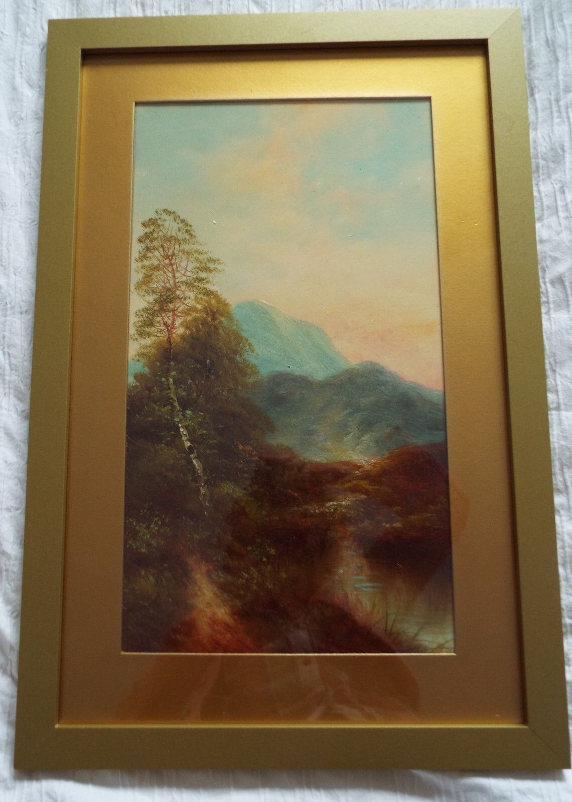 Large Antique Victorian Oil Painting  In New Gold Frame Mountain River Landscape photo vintage