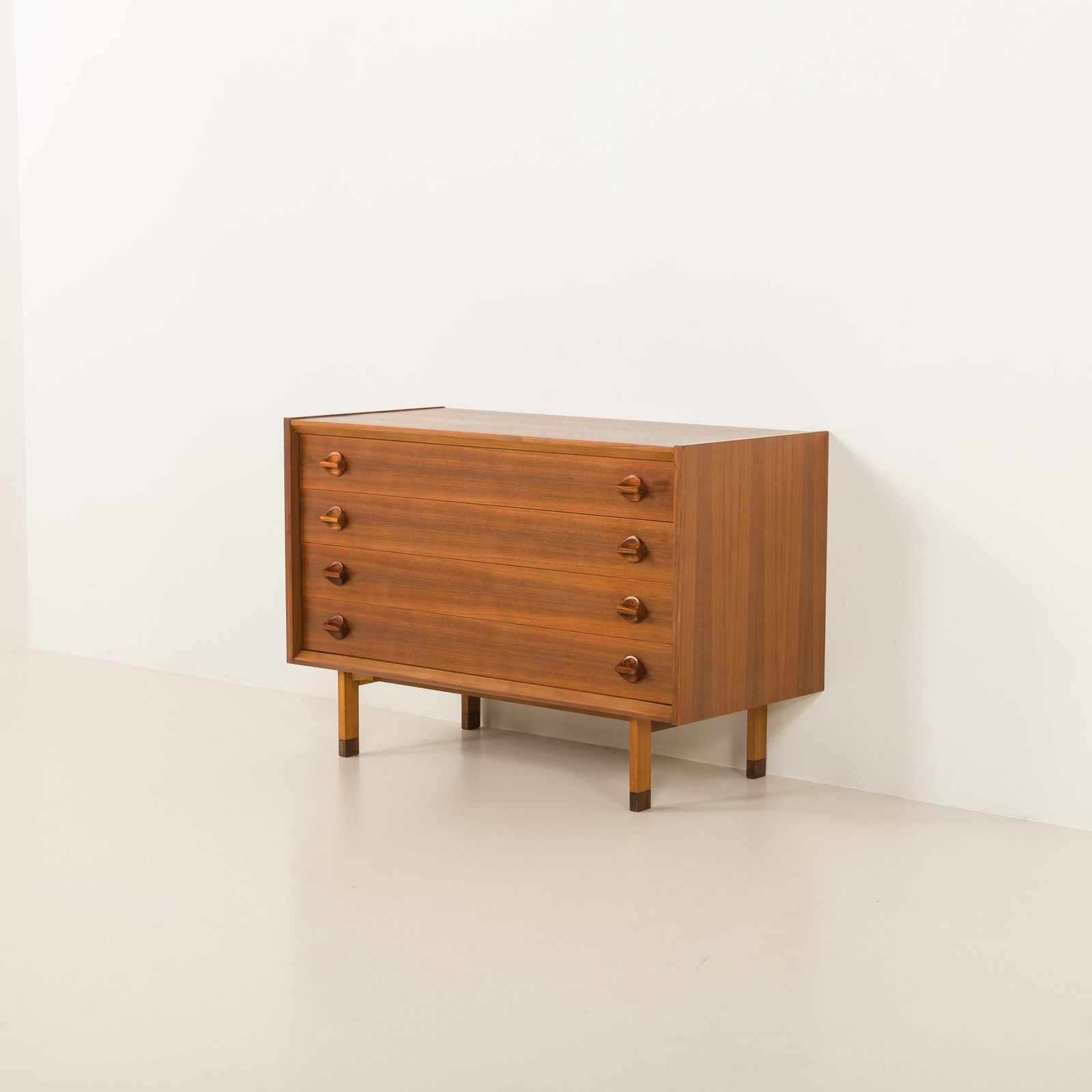 Italian Mid Century Extra Wide Walnut Chest Of Drawers With Sculptural Handles, 1960s photo for sale