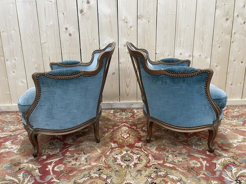 Paire De Fauteuils Bergères De Style Louis XV En Velours Bleu Et Bois Doré photo for sale