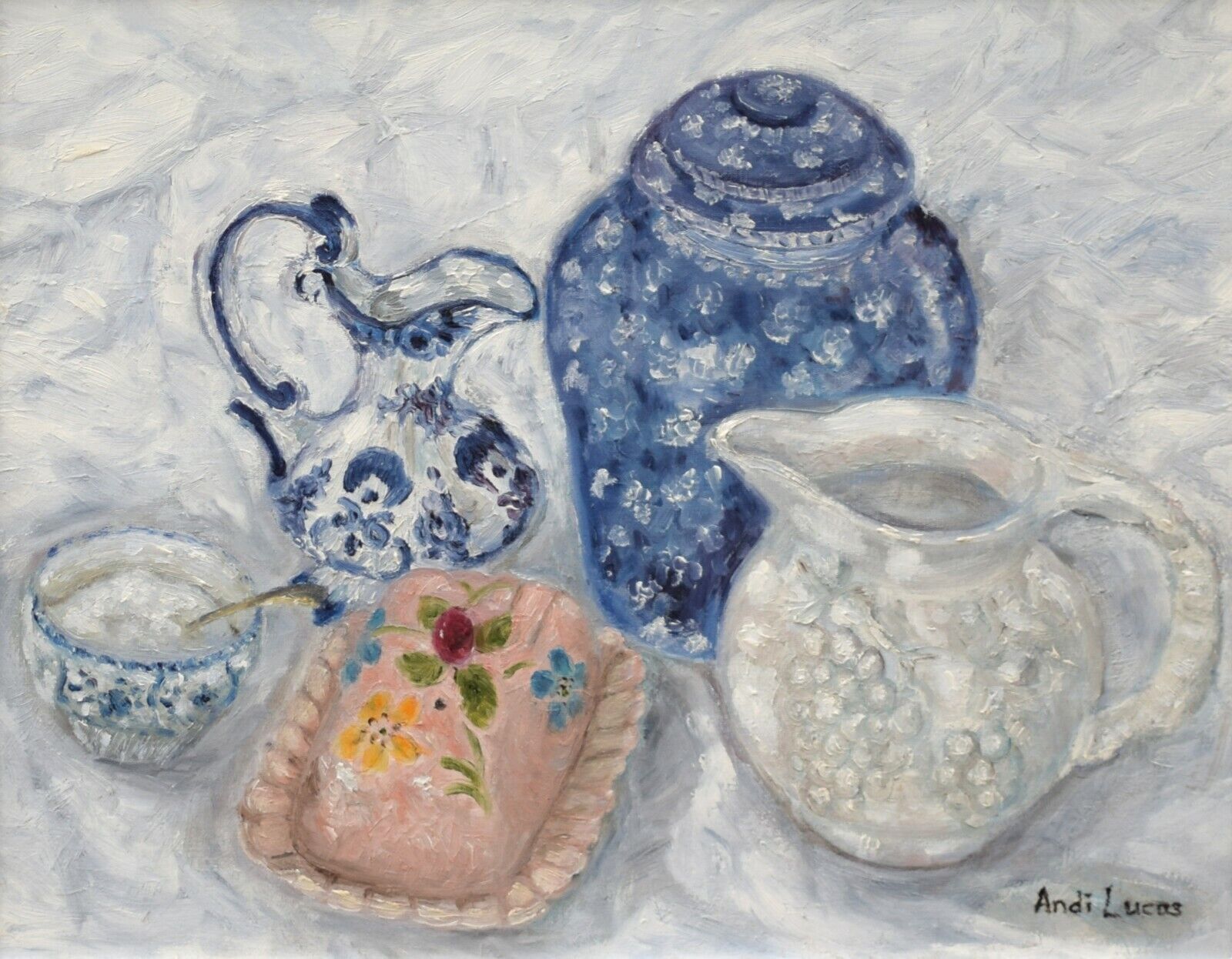 Country Kitchen Still Life Oil Painting Signed Framed Original Blue Pottery Andi photo for sale