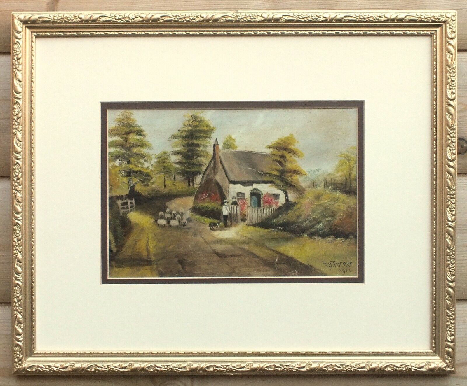 Thatched Cottage, English Farming Landscape Antique Oil Painting, Framed Signed