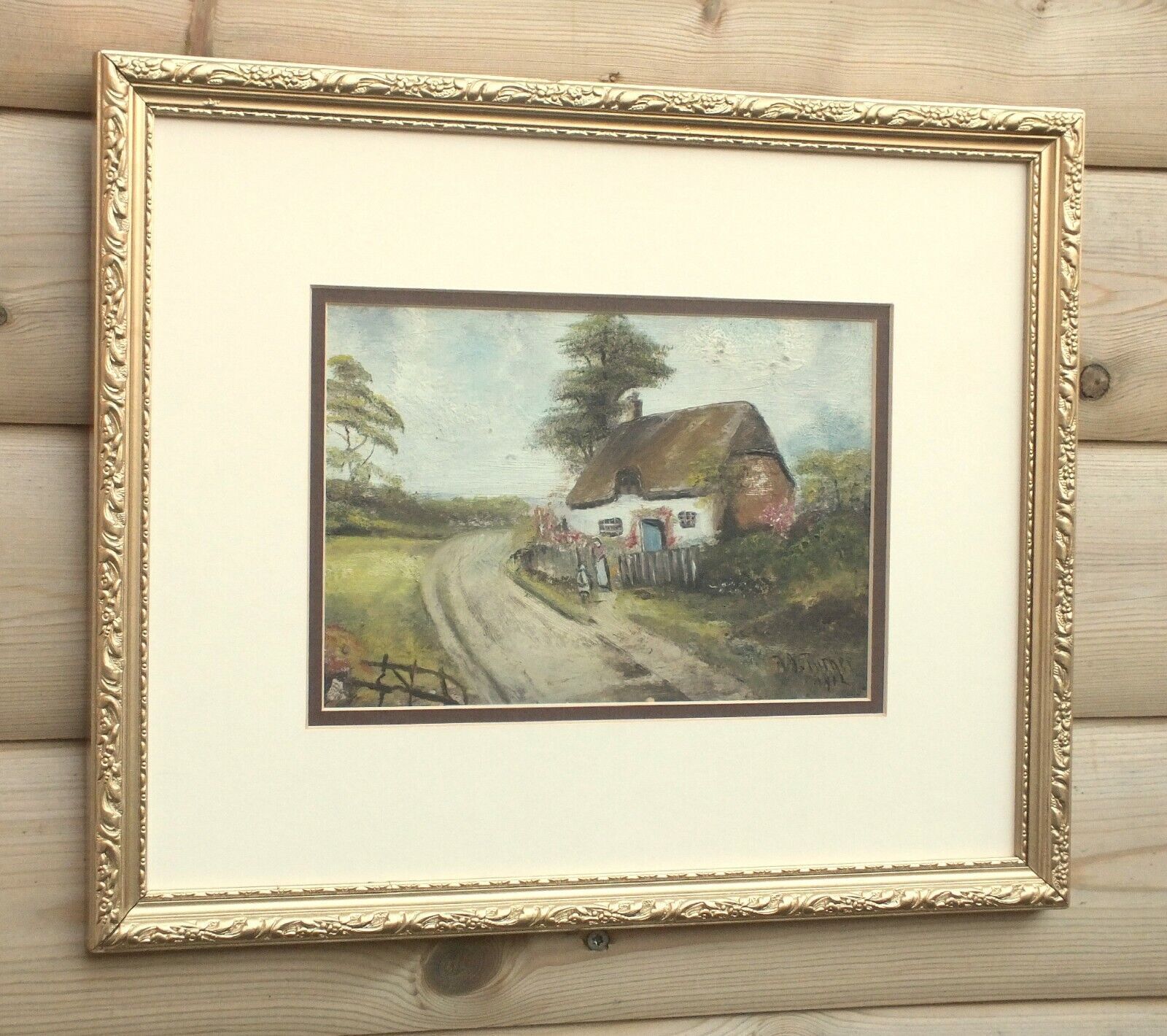 Thatched Cottage, English Country Landscape Antique Oil Painting, Framed Signed photo vinterior