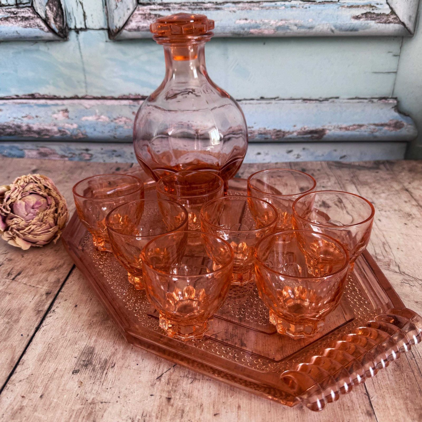 French Vintage Pink Glass Carafe And 8 Glasses On Tray