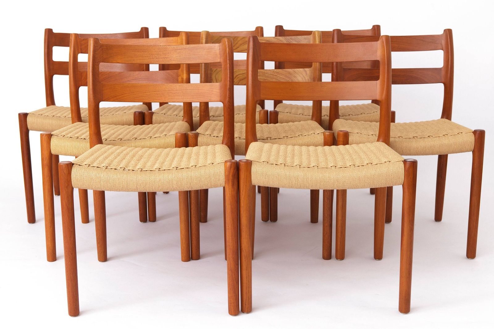 Set Of 8 Niels Otto Møller Model 84 Chairs – Danish Teak & Paper Cord, 1970s | Vintage Mid Century Modern Dining Chairs