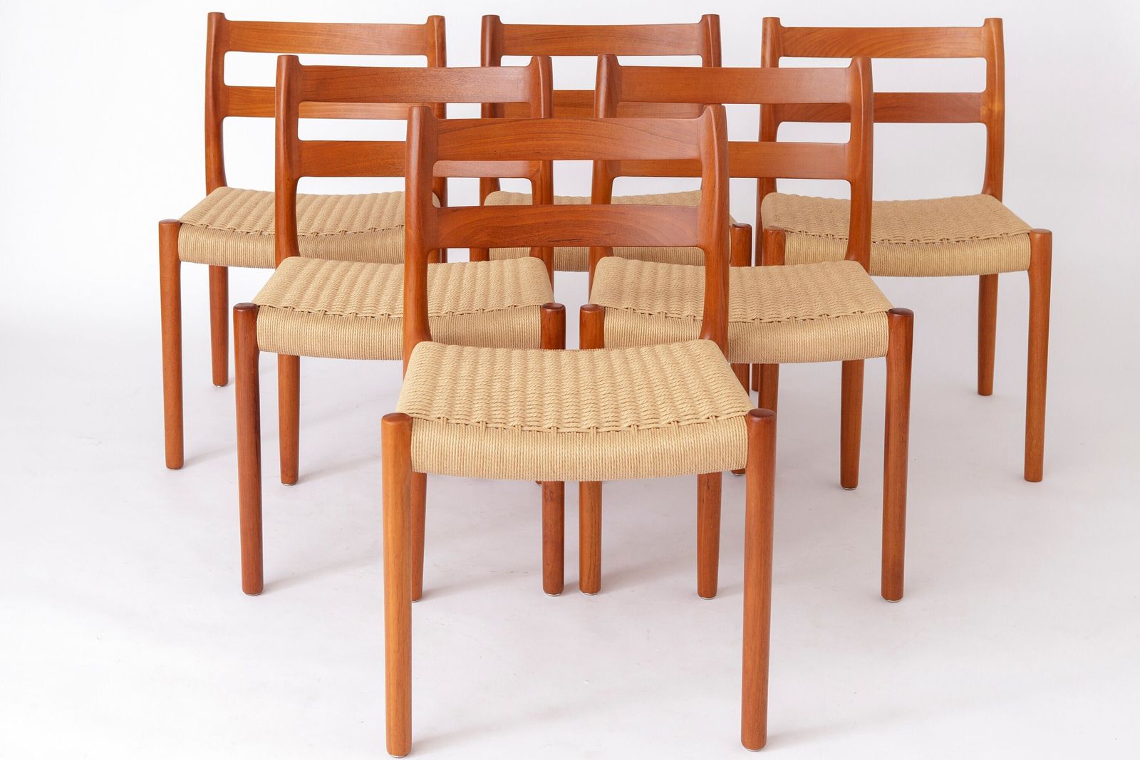 Set Of 8 Niels Otto Møller Model 84 Chairs – Danish Teak & Paper Cord, 1970s | Vintage Mid Century Modern Dining Chairs photo vintage
