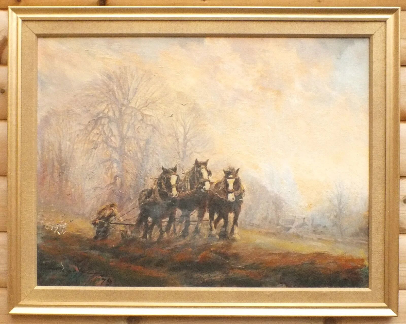 Lge Vintage Plough Horses Oil Painting Farming Agrarian English Landscape Framed photo furniture