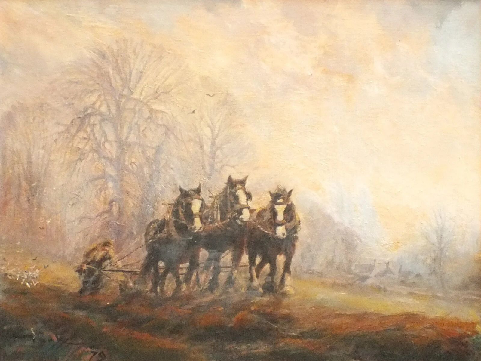 Lge Vintage Plough Horses Oil Painting Farming Agrarian English Landscape Framed photo for sale