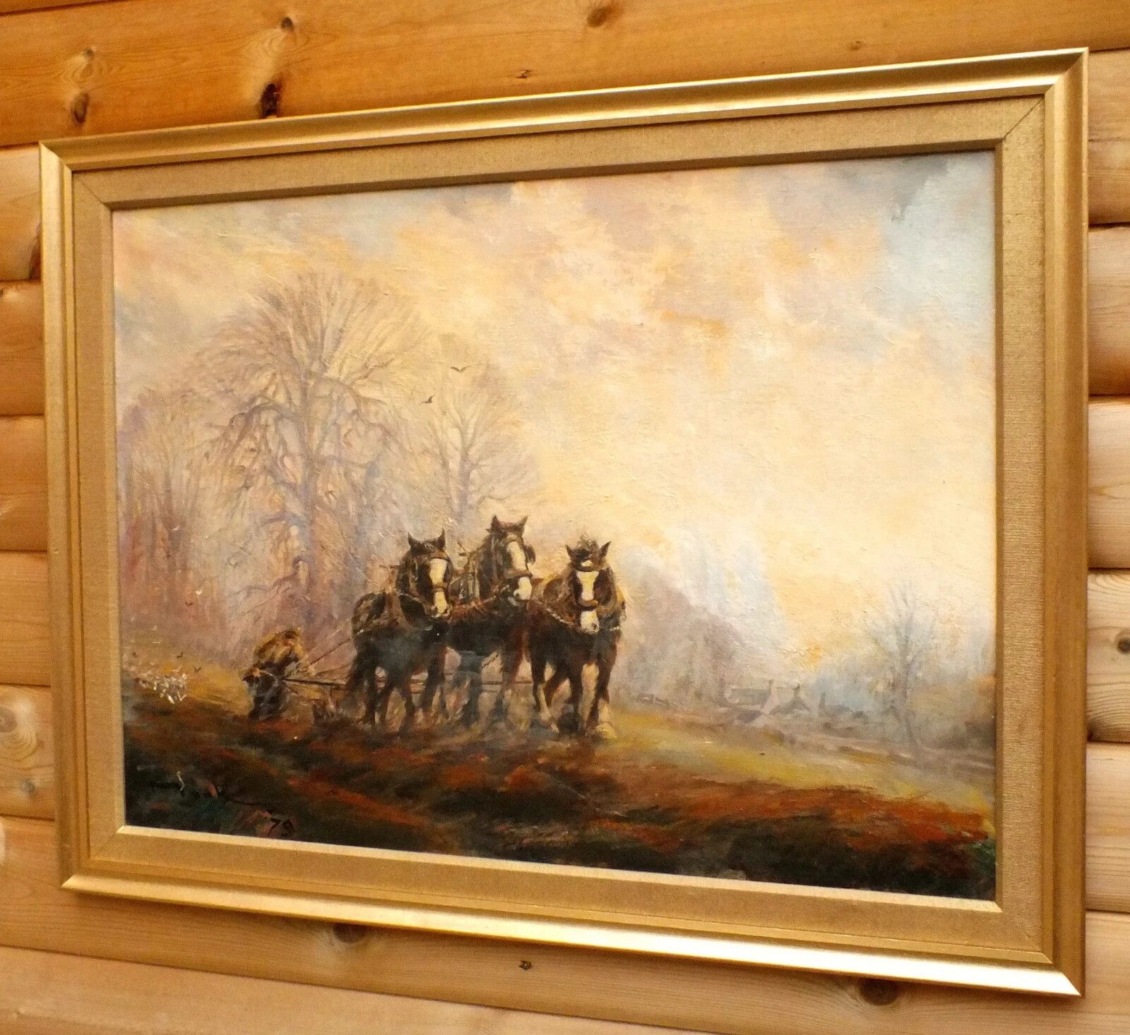 photo furniture Lge Vintage Plough Horses Oil Painting Farming Agrarian English Landscape Framed